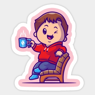 Cute Boy Drink Hot Coffee On Chair Cartoon Sticker